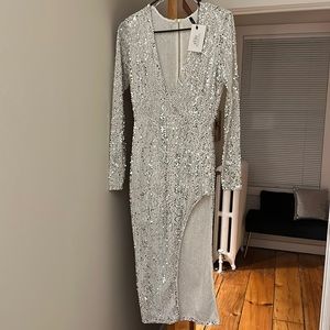 Silver Sequin Dress with side slit